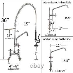 Commercial Pre-Rinse Sprayer Faucet 4-8 Inch Adjustable Center Deck Mount 36'' H