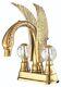 Gold 4 Center Hole Swan Sink Faucet Mixer Tap Brass Crystal Handles Deck Mount