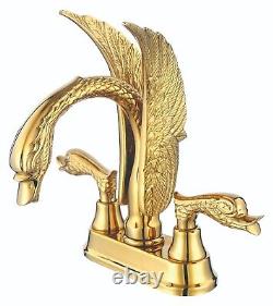 Gold PVD 4 Center Hole Swan Sink Faucet mixer tap Brass swan handles Deck mount