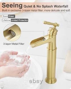 Tall Brass Bathroom Waterfall Faucet, Brushed Gold Brushed Gold Elegant