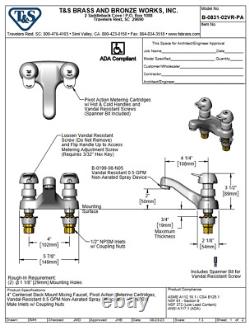 Robinet de comptage T&S Brass B-0831-02VR Montage sur pont 4 centres 0,5 GPM Chrome NEUF