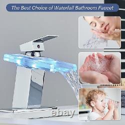 Robinet de salle de bain Chrome LED Robinet de lavabo de salle de bain avec bec en verre cascade et